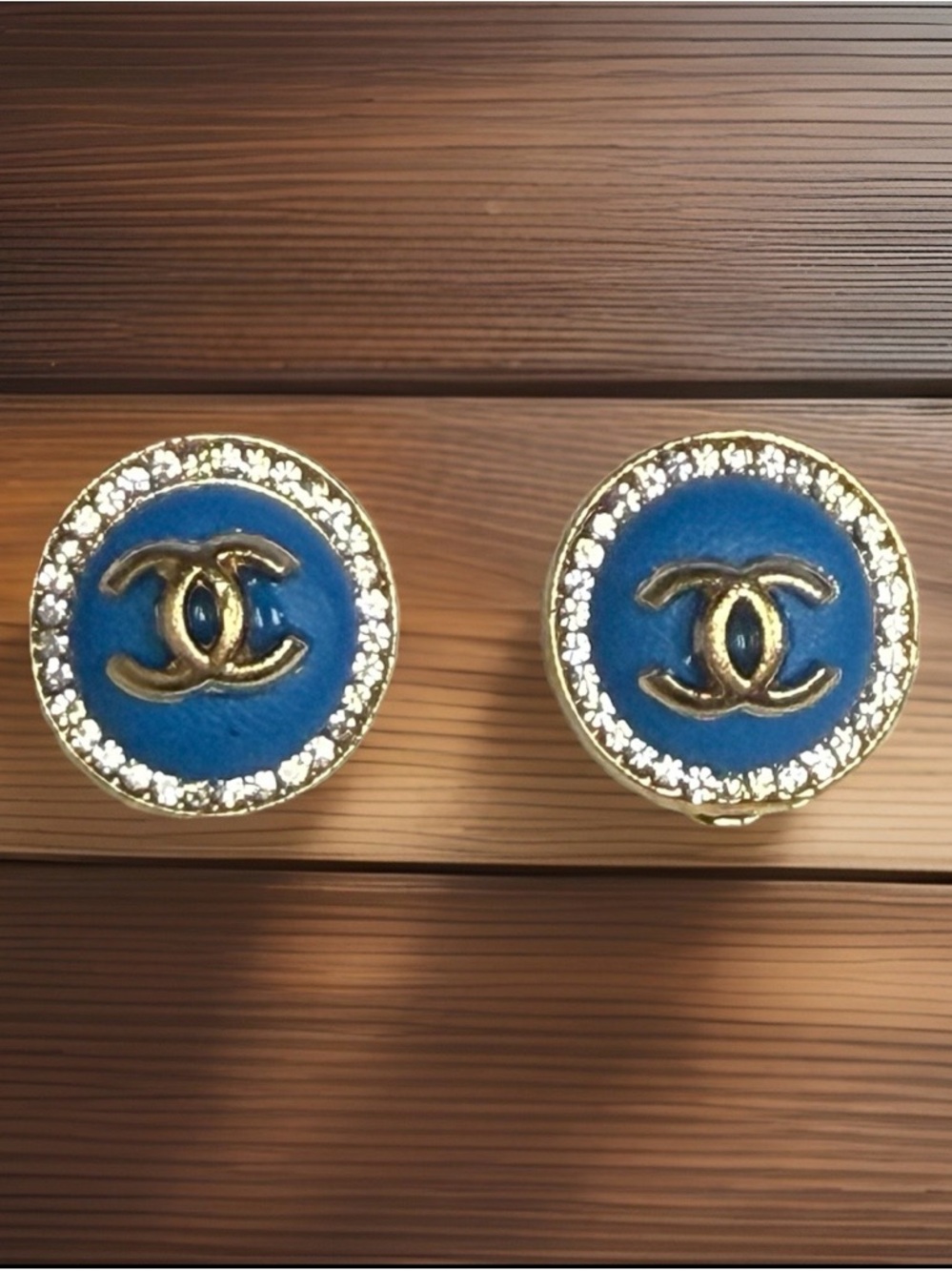 Blue Enamel and Gold Stud Earrings with Crystal Halo